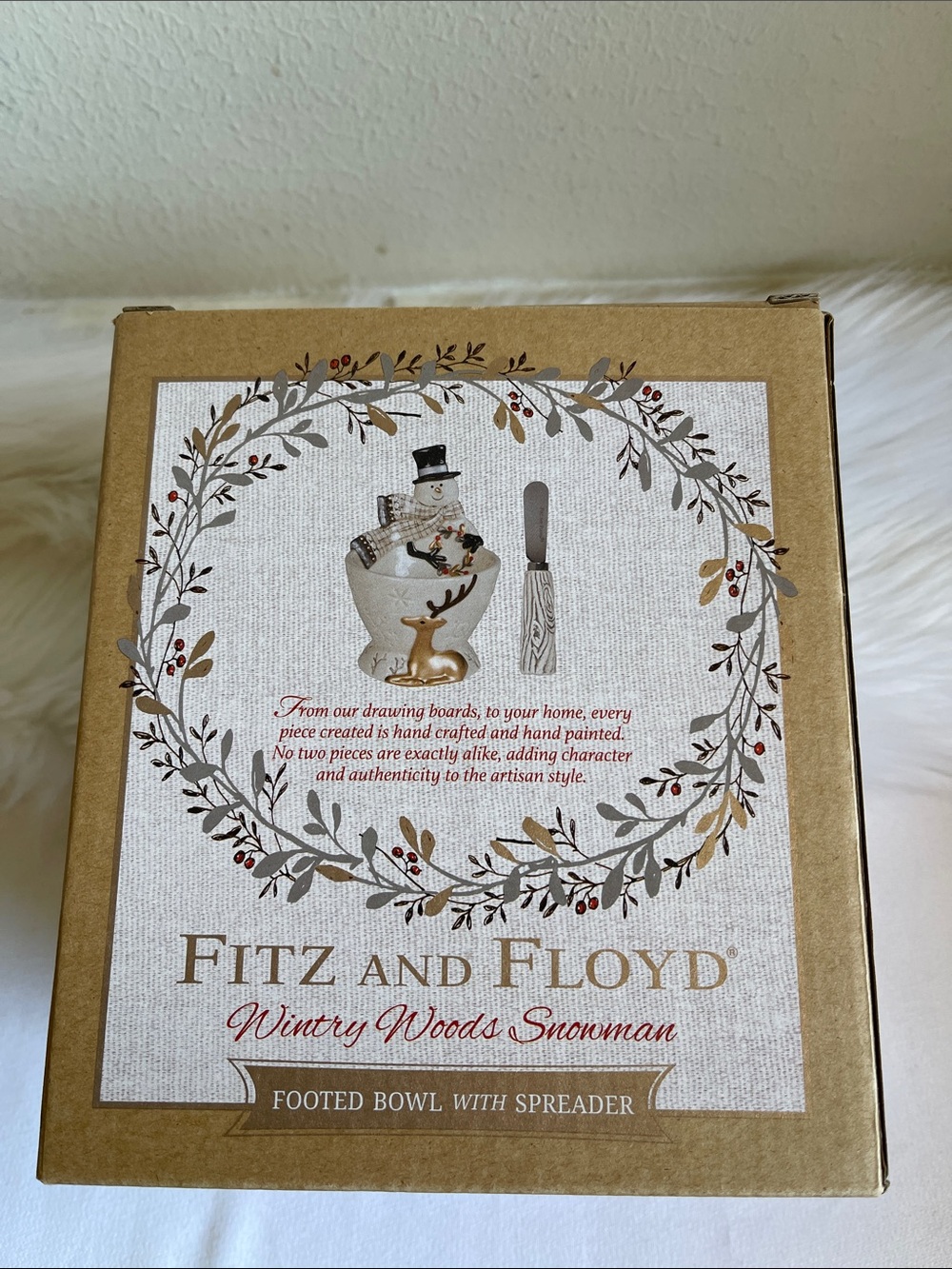 Fitz and Floyd Woods Snowman Footed Bowl with Spreader.NWB.
